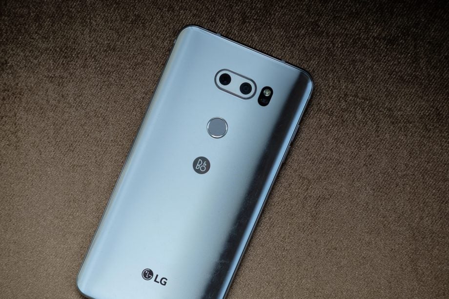LG V30 smartphone showing dual cameras and fingerprint sensor.