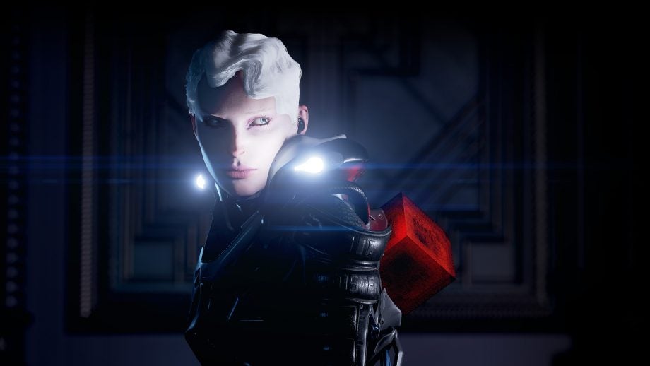 Futuristic character with glowing eyes and red cube.