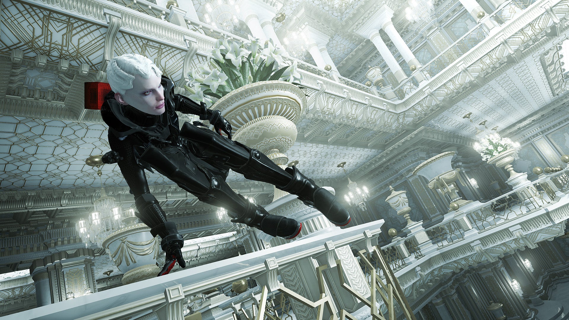 Futuristic character vaulting in opulent, white interior environment.