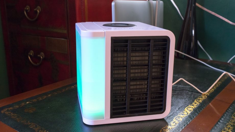 Evapolar personal air cooler on a desk with illuminated side