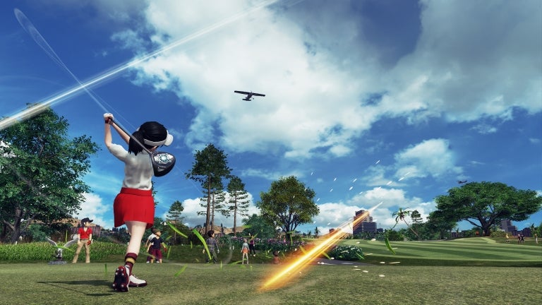Screenshot from Everybody's Golf game showing a character swinging at a golf ball.
