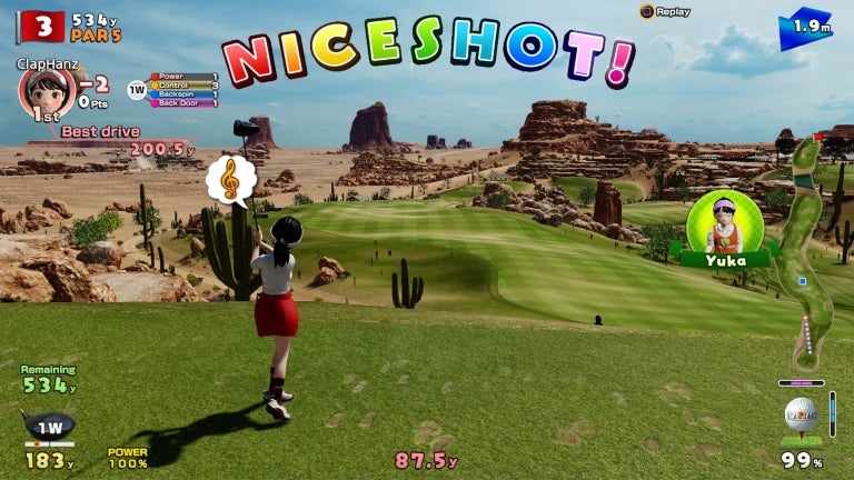 Screenshot of Everybody's Golf gameplay with player hitting a nice shot.