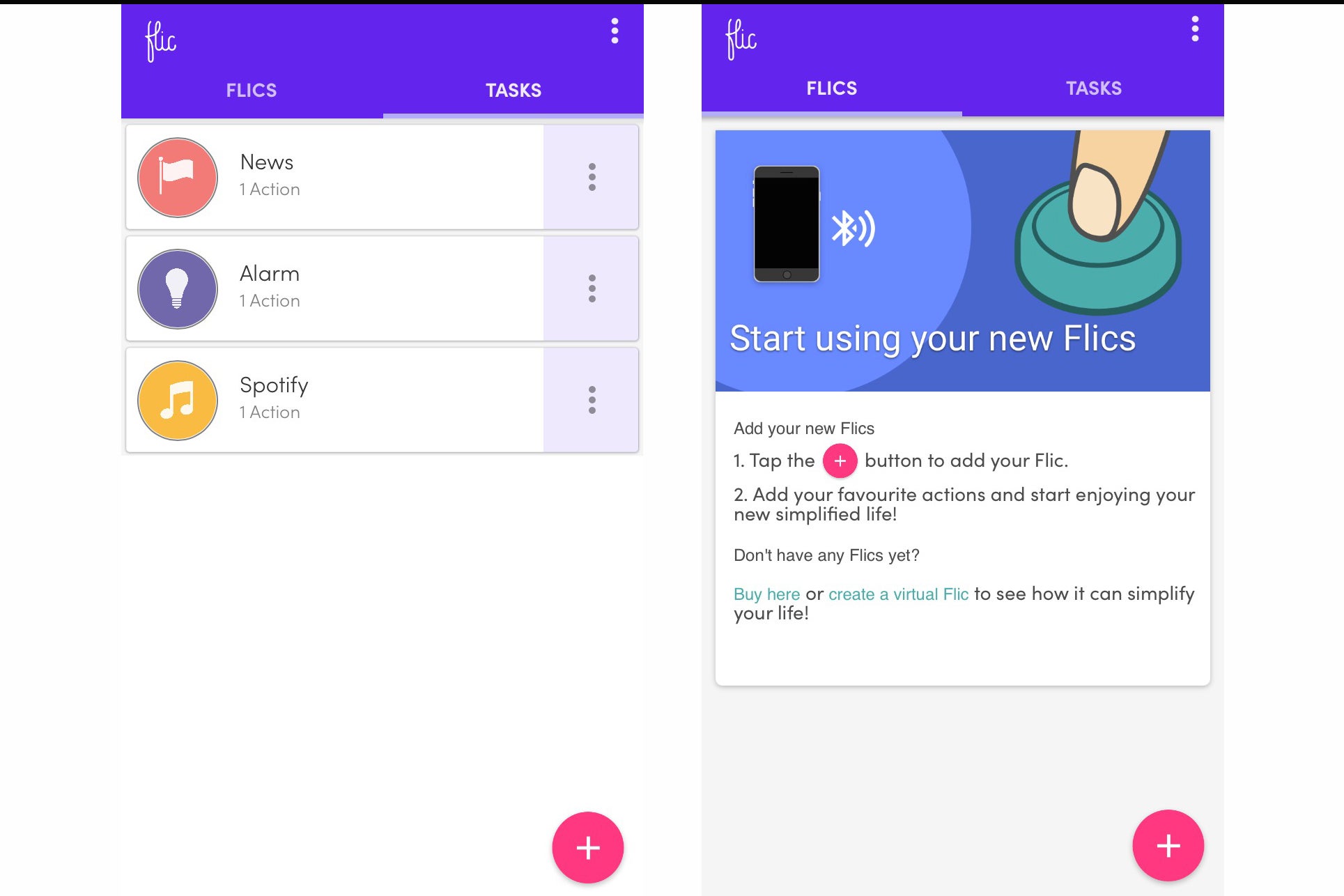 Flic Smart Button app interface showing setup instructions.