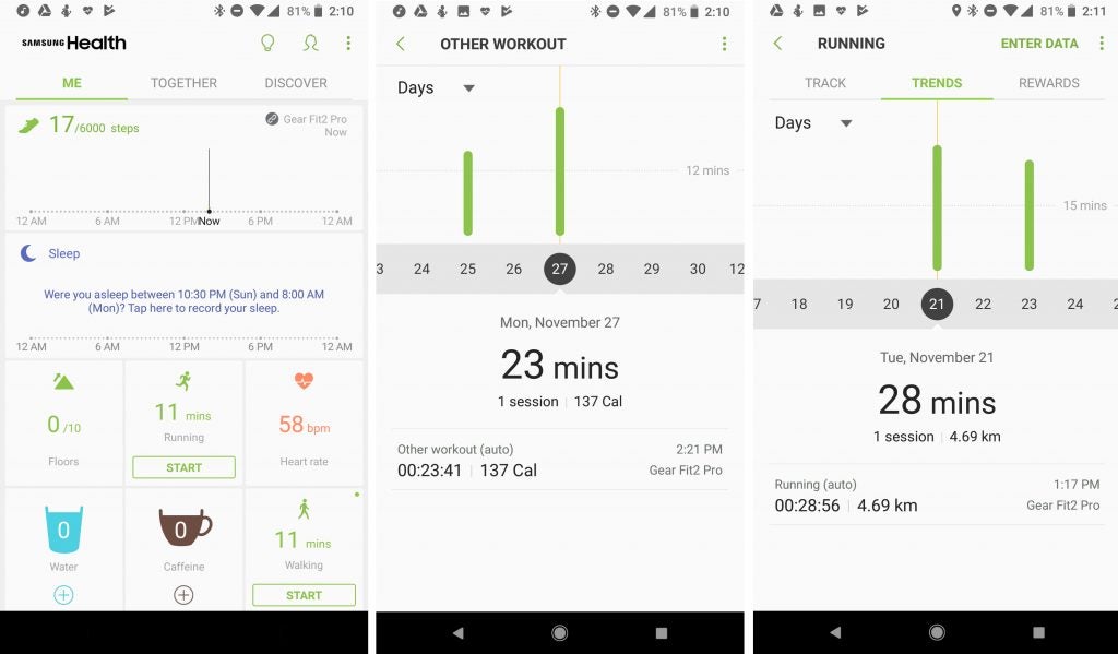 Screenshots of Samsung Gear Fit 2 Pro activity tracking app.