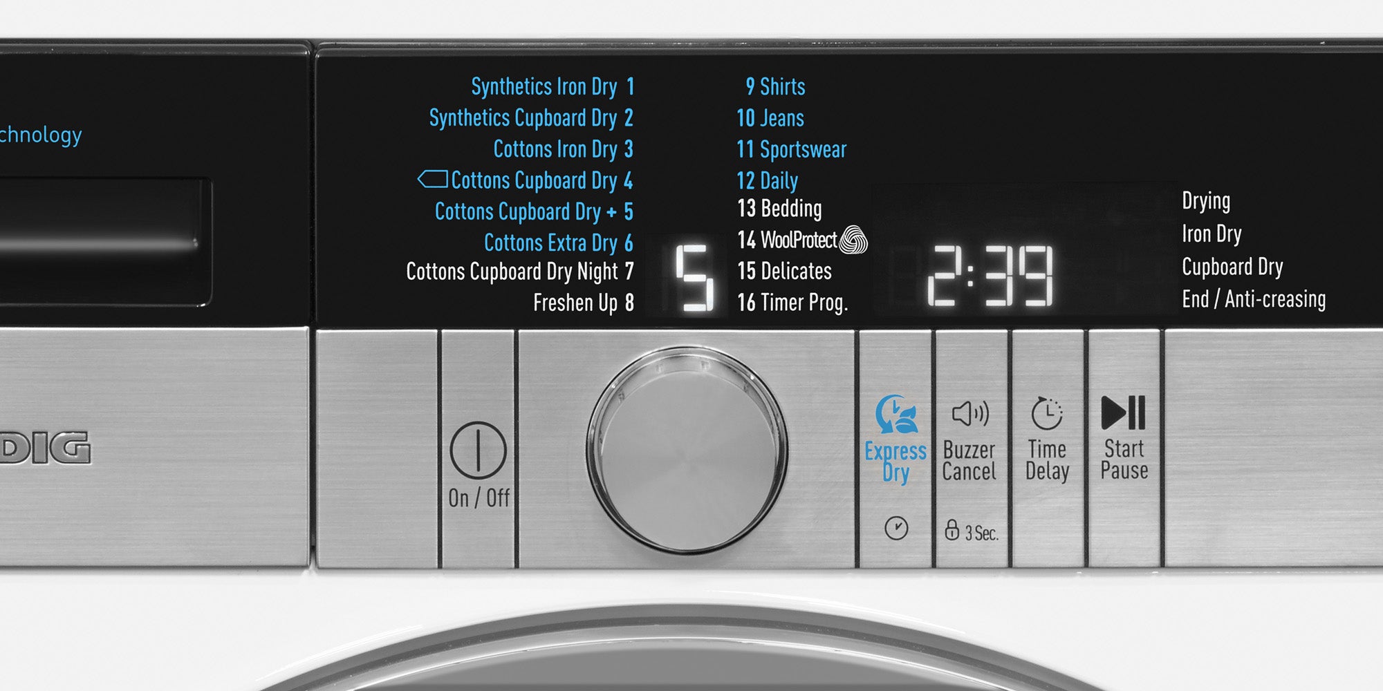 Grundig dryer control panel with program options and digital display.