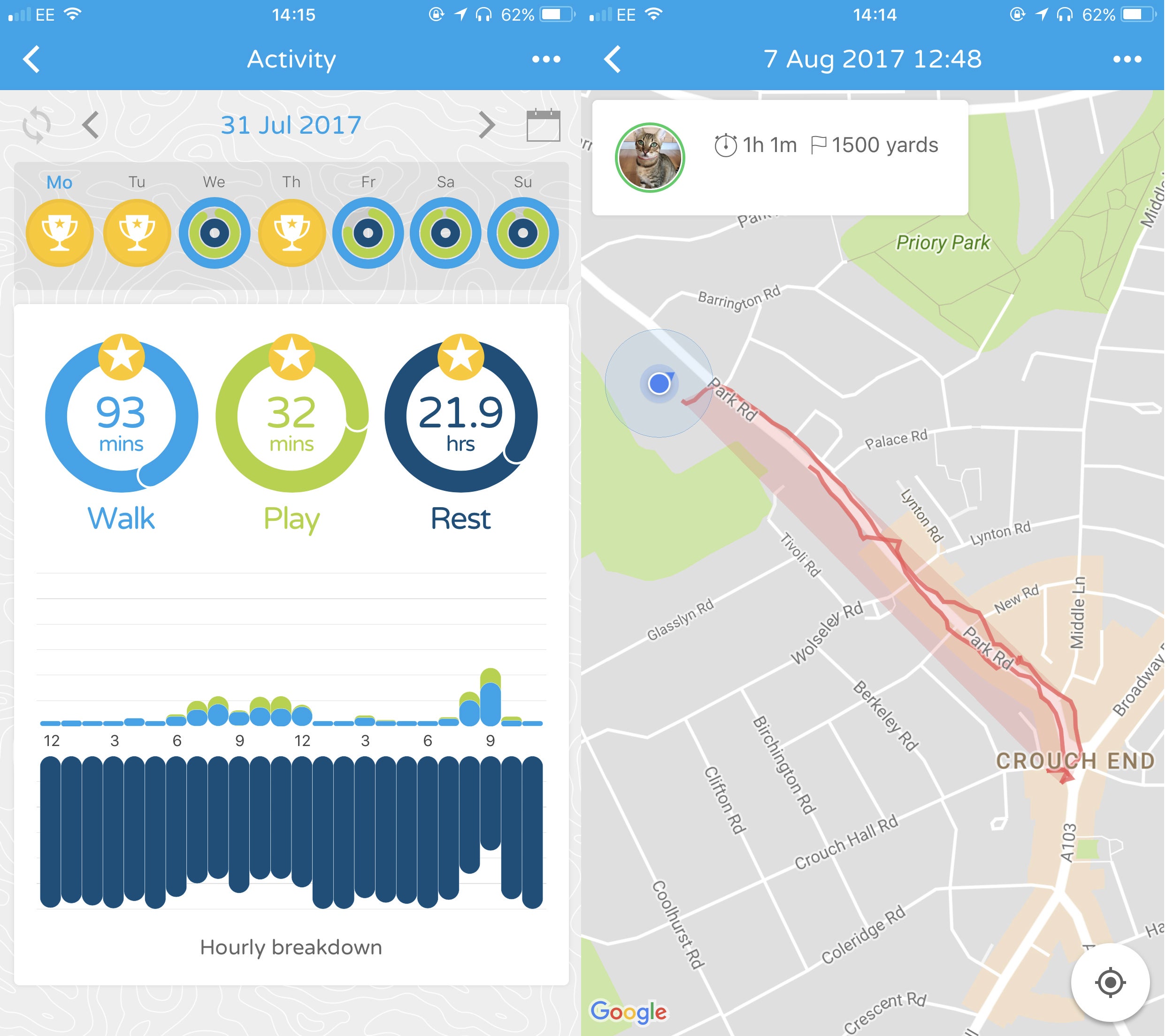 Screenshots of Pod 3 tracking app showing activity metrics and GPS path.