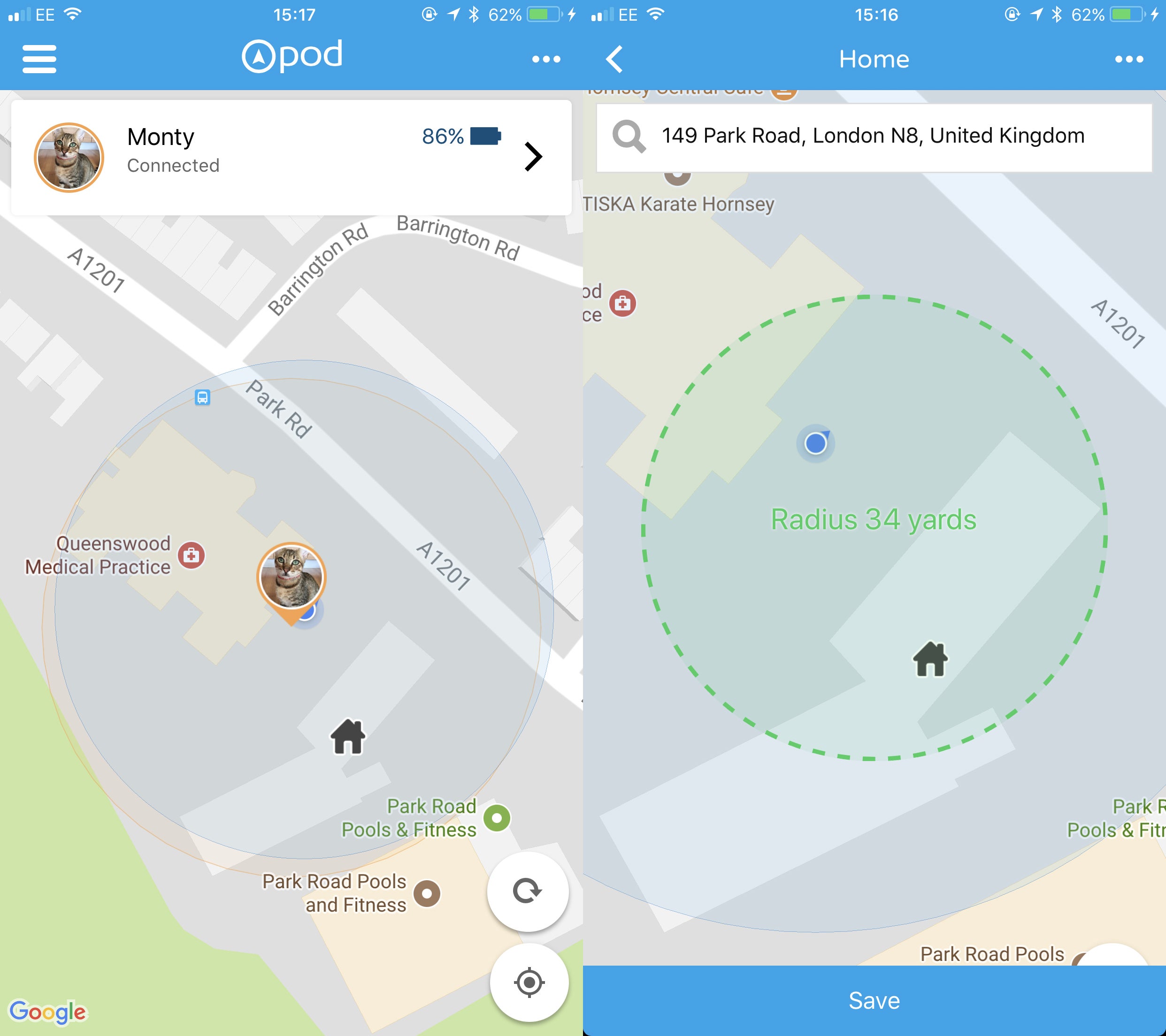 Pod 3 GPS tracker app screenshots showing map and safe zone radius.