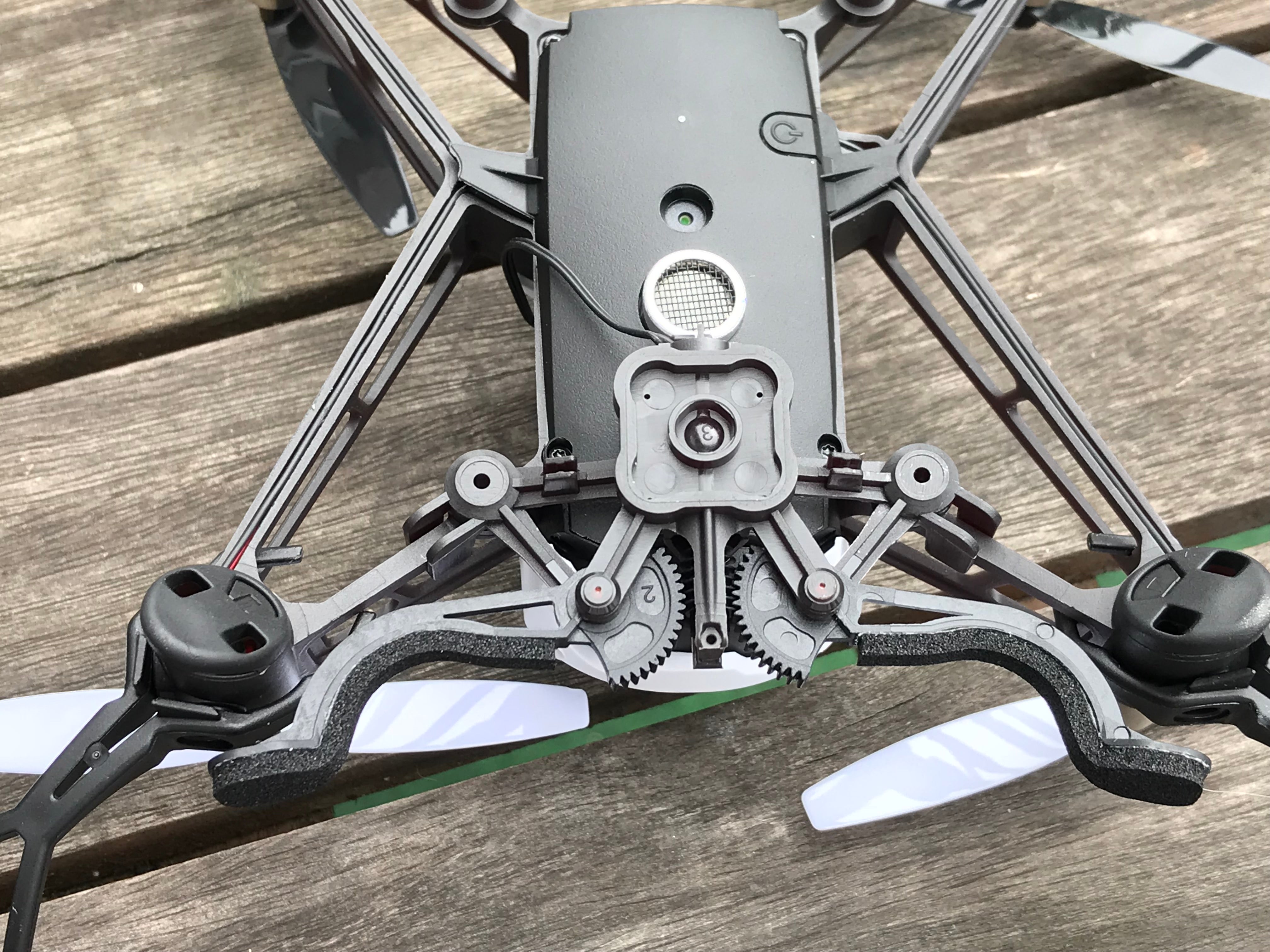 Close-up of a Parrot Mambo drone's undercarriage and gears.