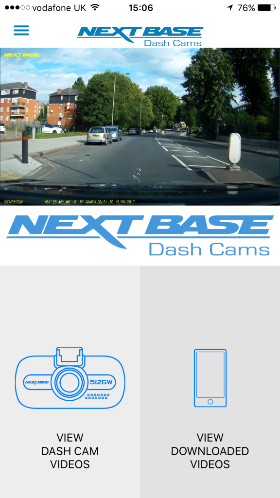 Screenshot of Nextbase 512GW dash cam interface and app icons.