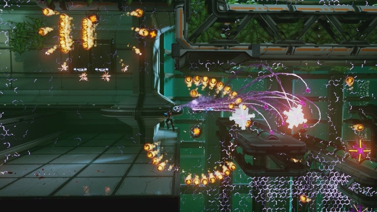 Screenshot of MatterFall game showing intense combat scene.