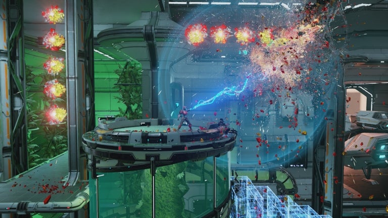 Screenshot of MatterFall game showing intense combat action.