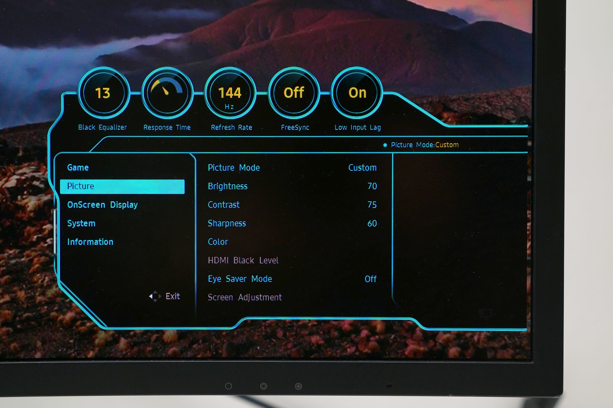 Samsung CHG70 monitor displaying its on-screen menu options.