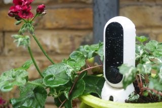 Canary Flex security camera outdoors with raindrops on it.