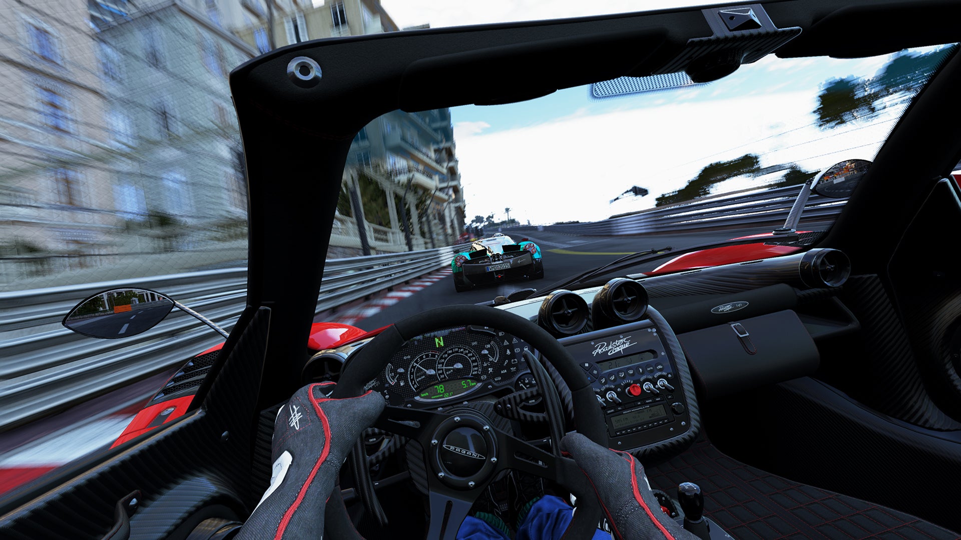 First-person view inside a race car in Project Cars 2 game.