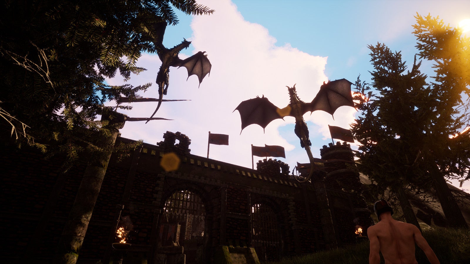 Screenshot of Citadel game with dragons flying over ruins.