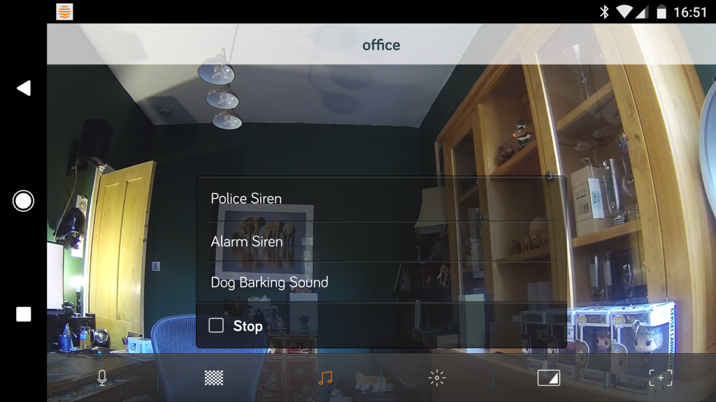 Hive camera interface showing a home office with sound alerts options.