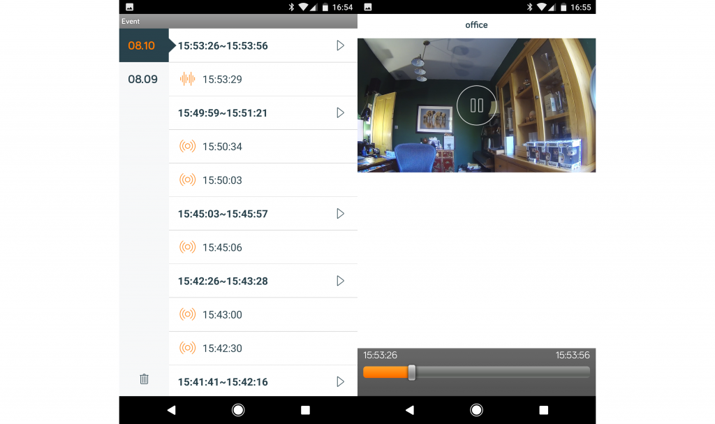 Screenshot of Hive Camera app showing live feed and event log.