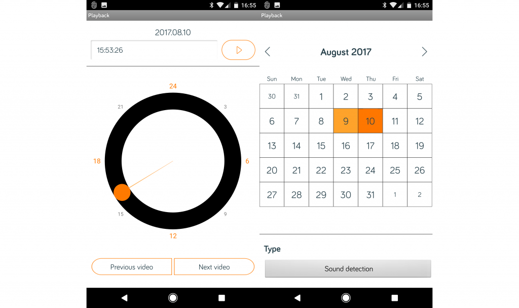 Screenshot of Hive Camera's playback interface with calendar and clock settings.