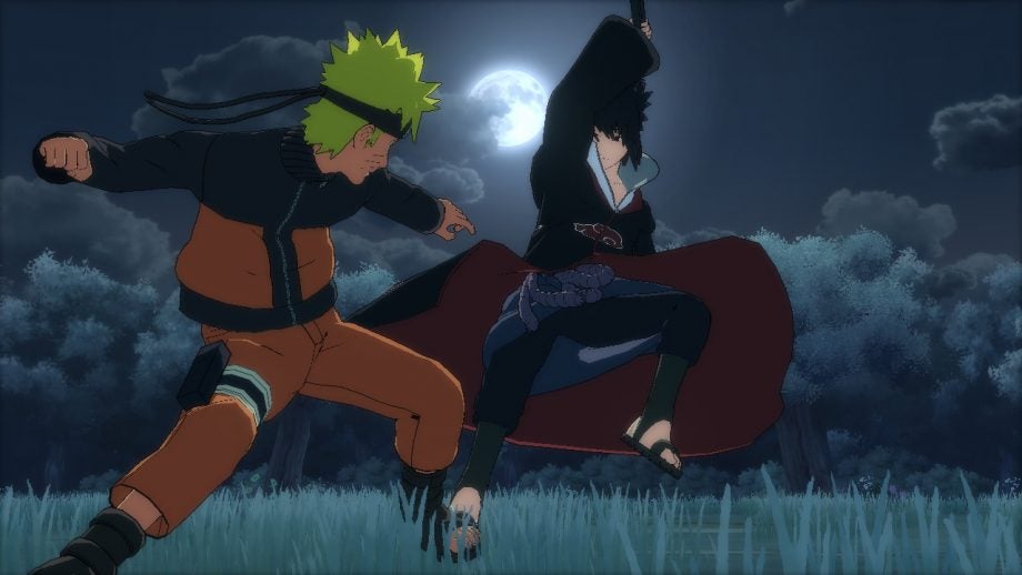 Naruto and Sasuke in a fighting stance, video game graphics.