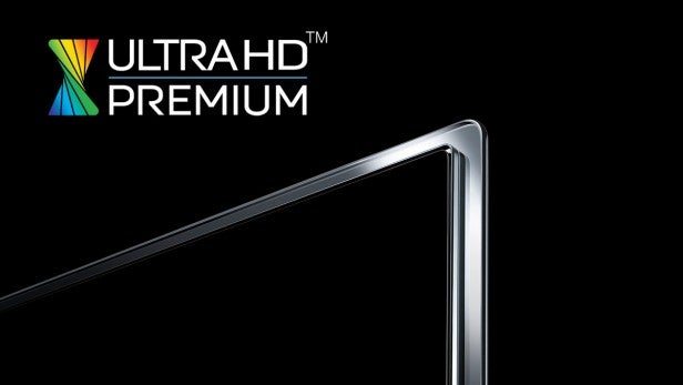 Close-up of Ultra HD Premium logo on a monitor corner.