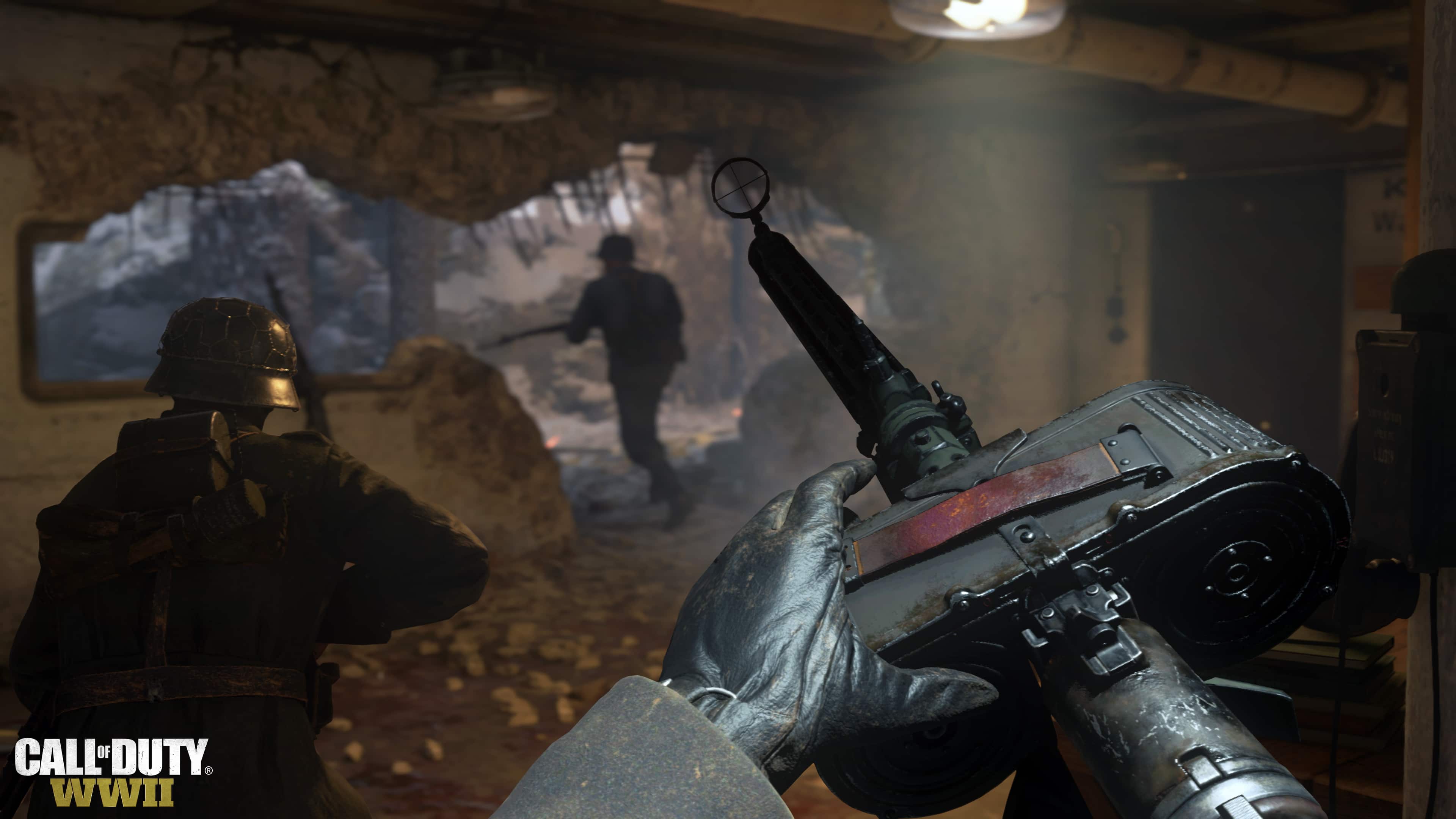 First-person view in Call of Duty WWII video game scene.First-person view in Call of Duty WW2 video game with machine gun.