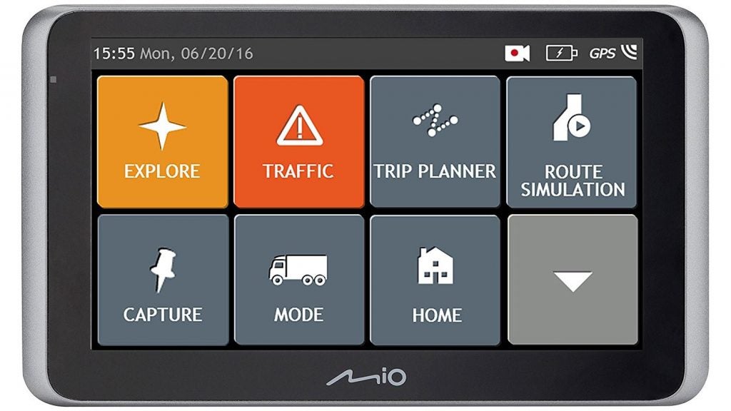 Mio MiVue Drive 65 LM GPS device display with menu icons.