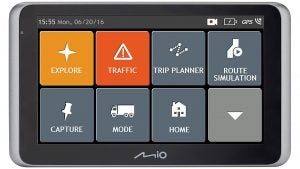 Mio MiVue Drive 65 LM GPS device display with menu icons.