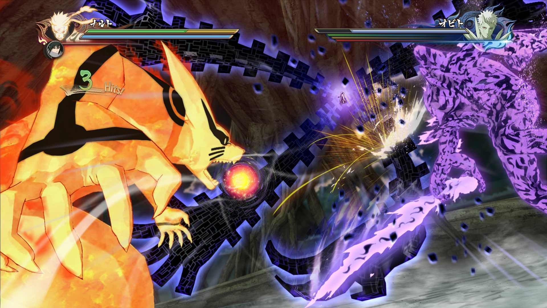 Naruto and Sasuke characters in intense battle from video game.In-game screenshot of Naruto and Sasuke fighting in a video game.