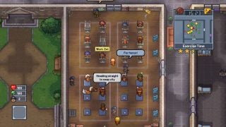 Screenshot of The Escapists 2 game showing inmates exercising in prison gym.