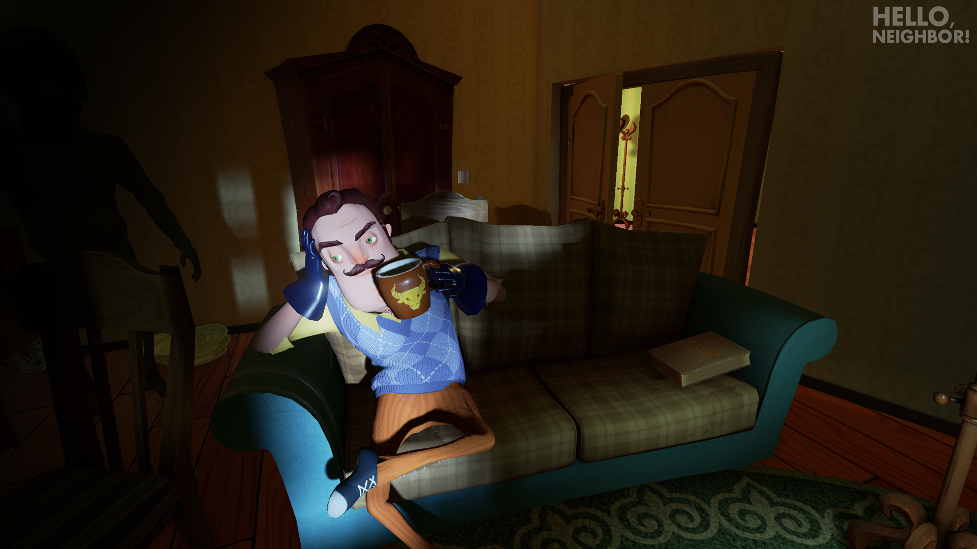 In-game scene from Hello Neighbor with character on couch.