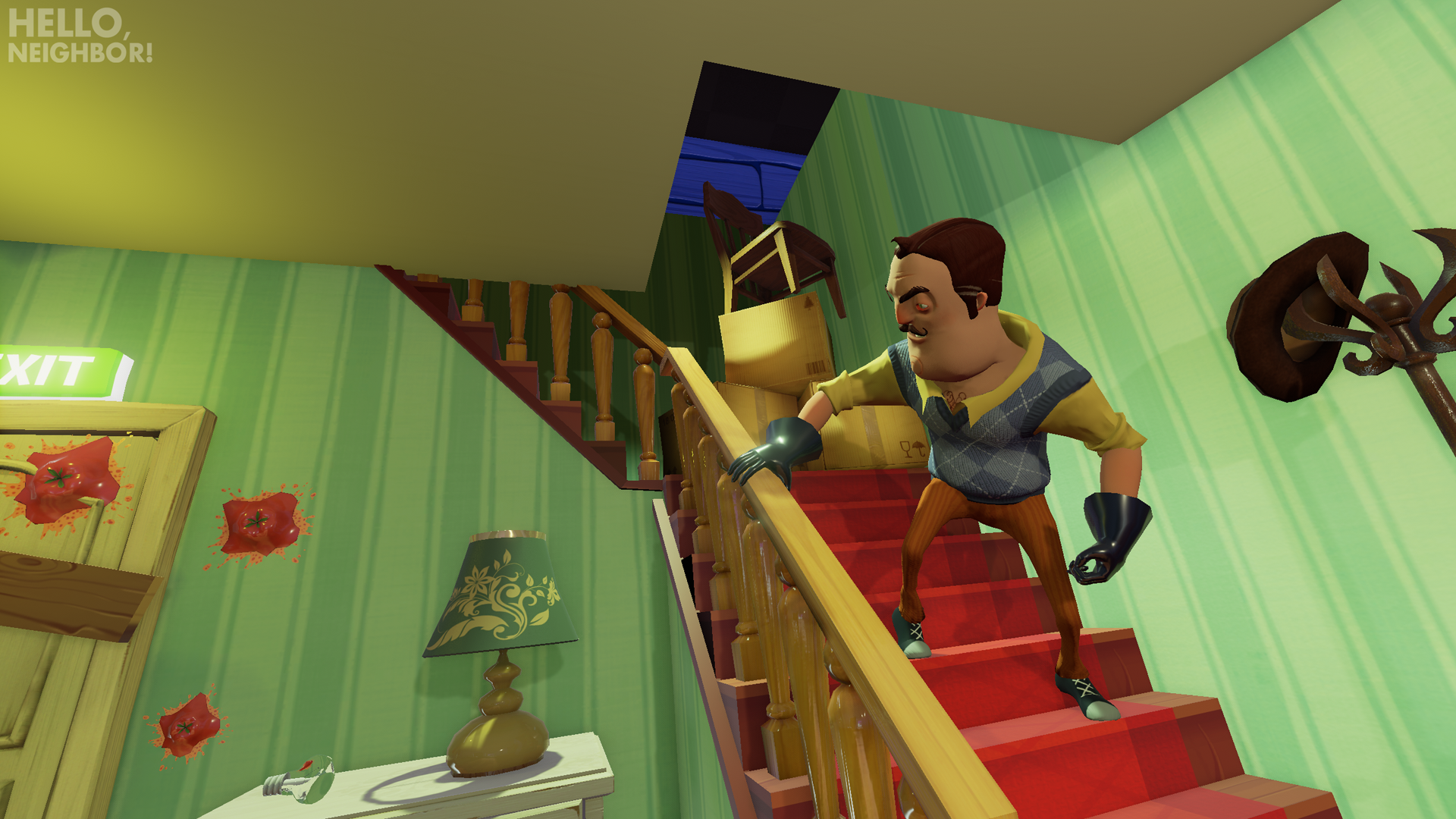 Hello Neighbor game screenshot showing character on the stairs.