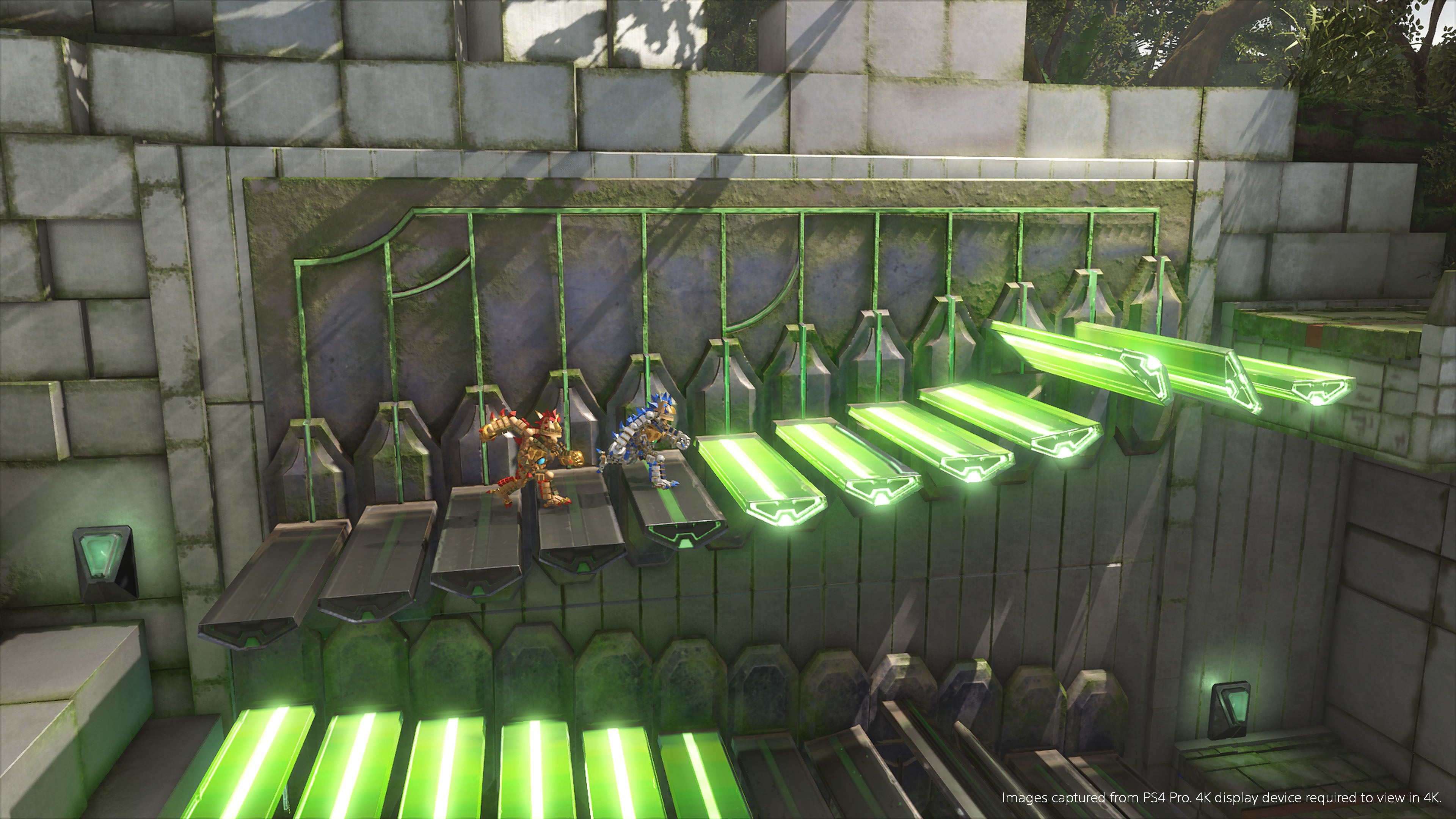 Screenshot of Knack 2 gameplay showing characters on moving platforms.