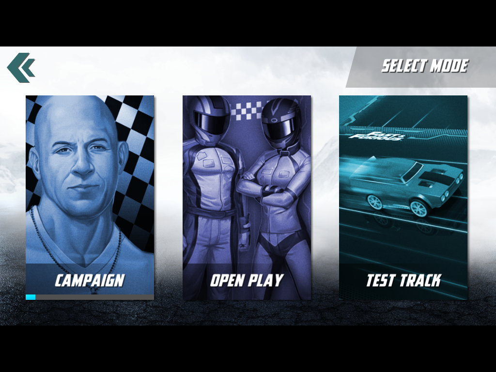 Anki Overdrive game mode selection screen with illustrations.