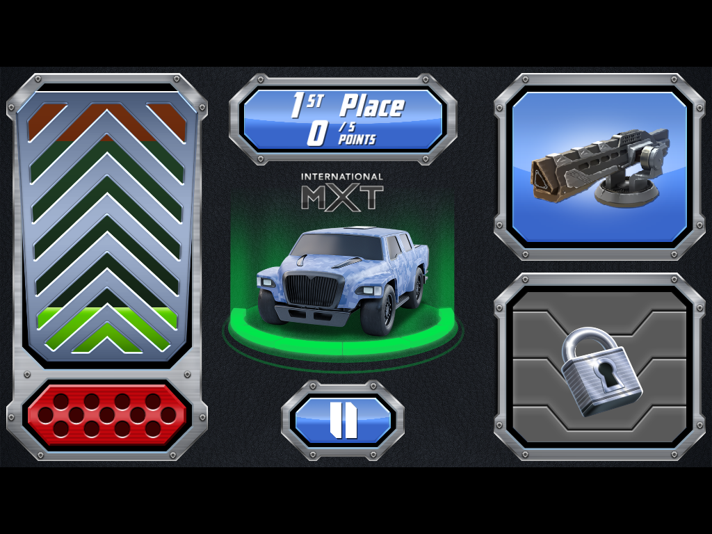 Interface of Anki Overdrive game with car and weapons icons.