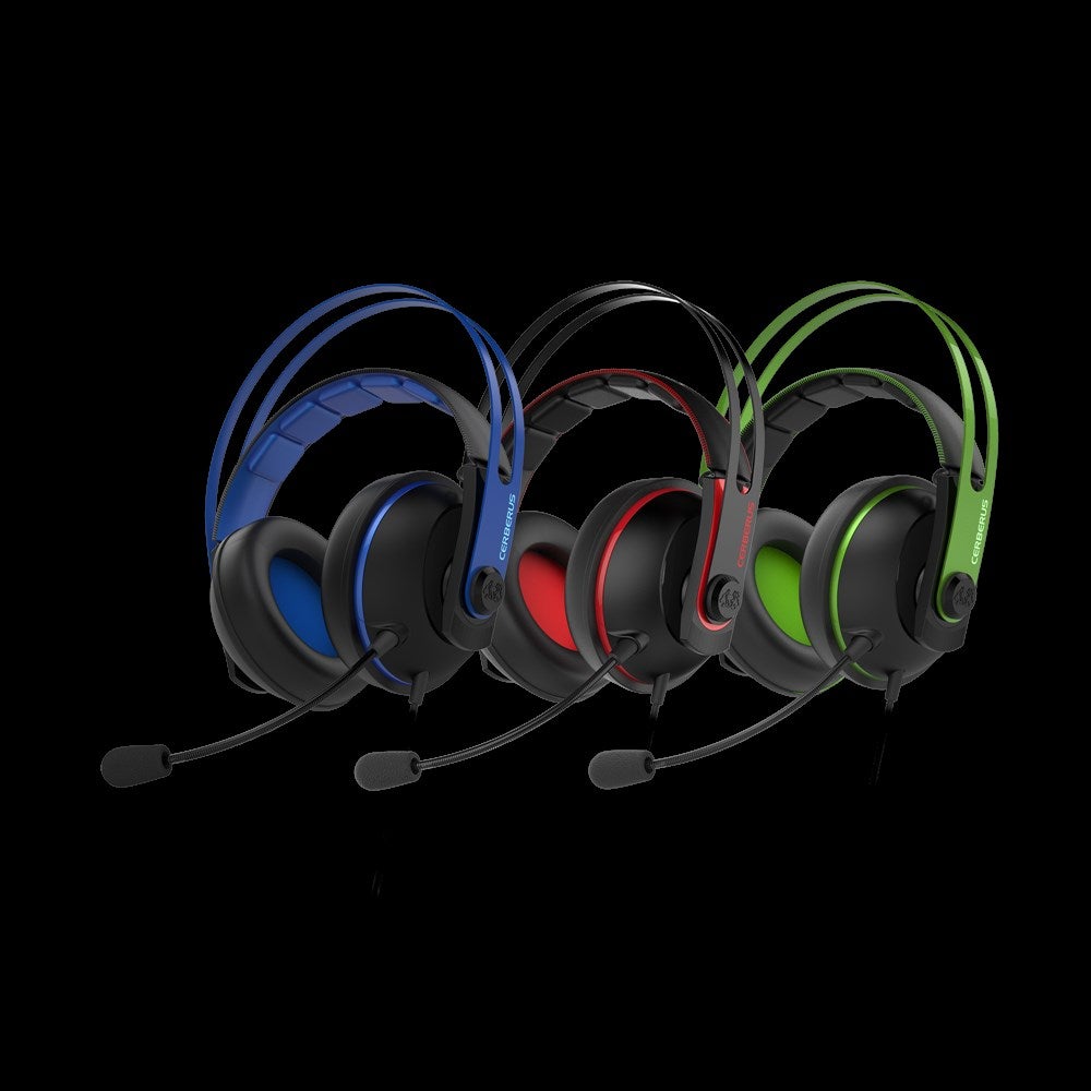 Asus Cerberus V2 gaming headsets in blue, red, and green colors.