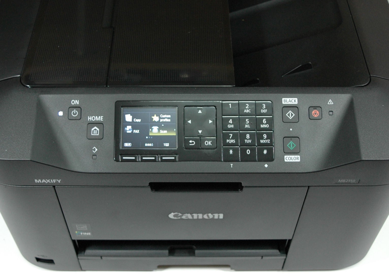 Canon MAXIFY MB2150 multifunction printer control panel close-up.