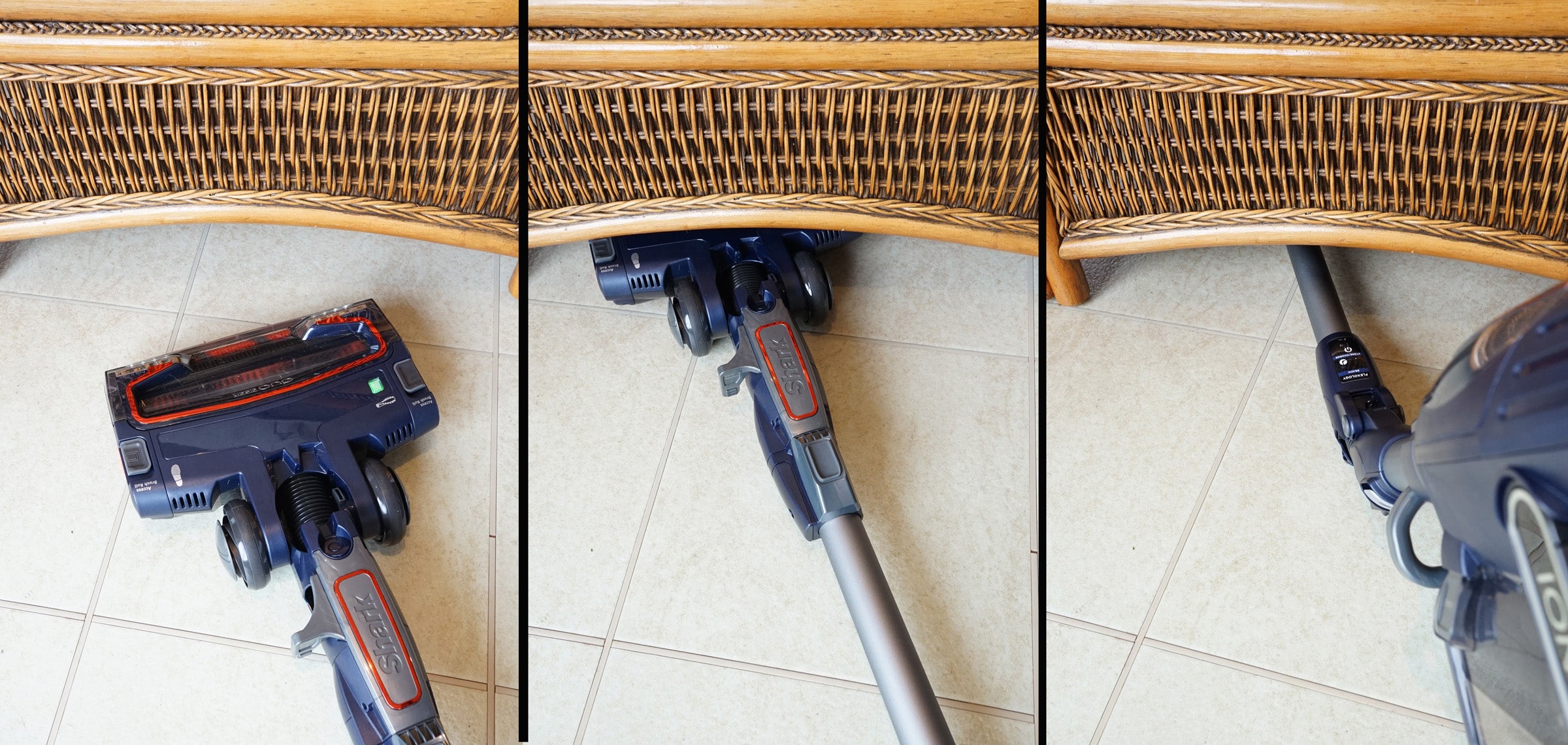 Shark DuoClean Cordless Vacuum cleaning under furniture.