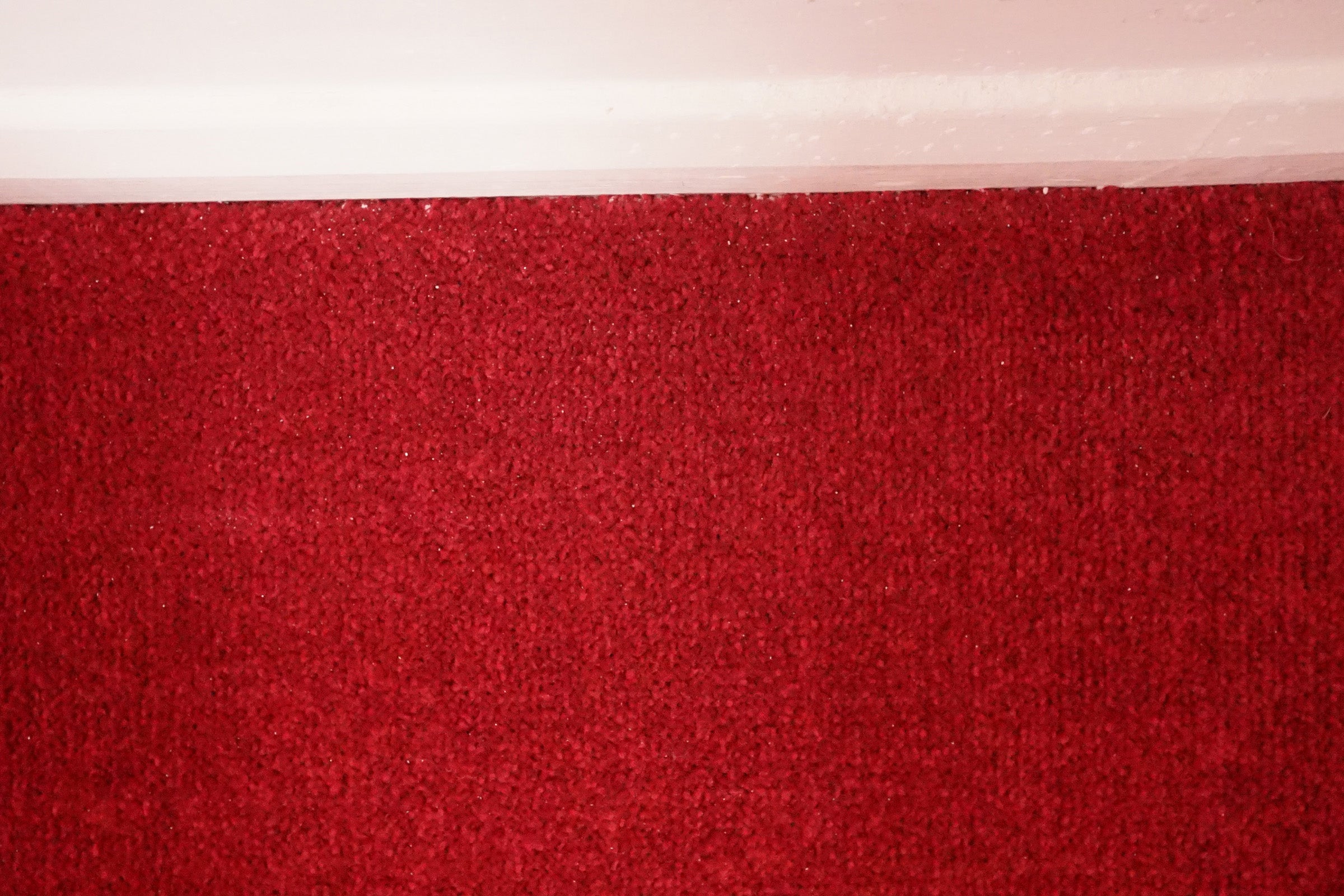 Close-up of a clean red carpet edge after vacuuming.