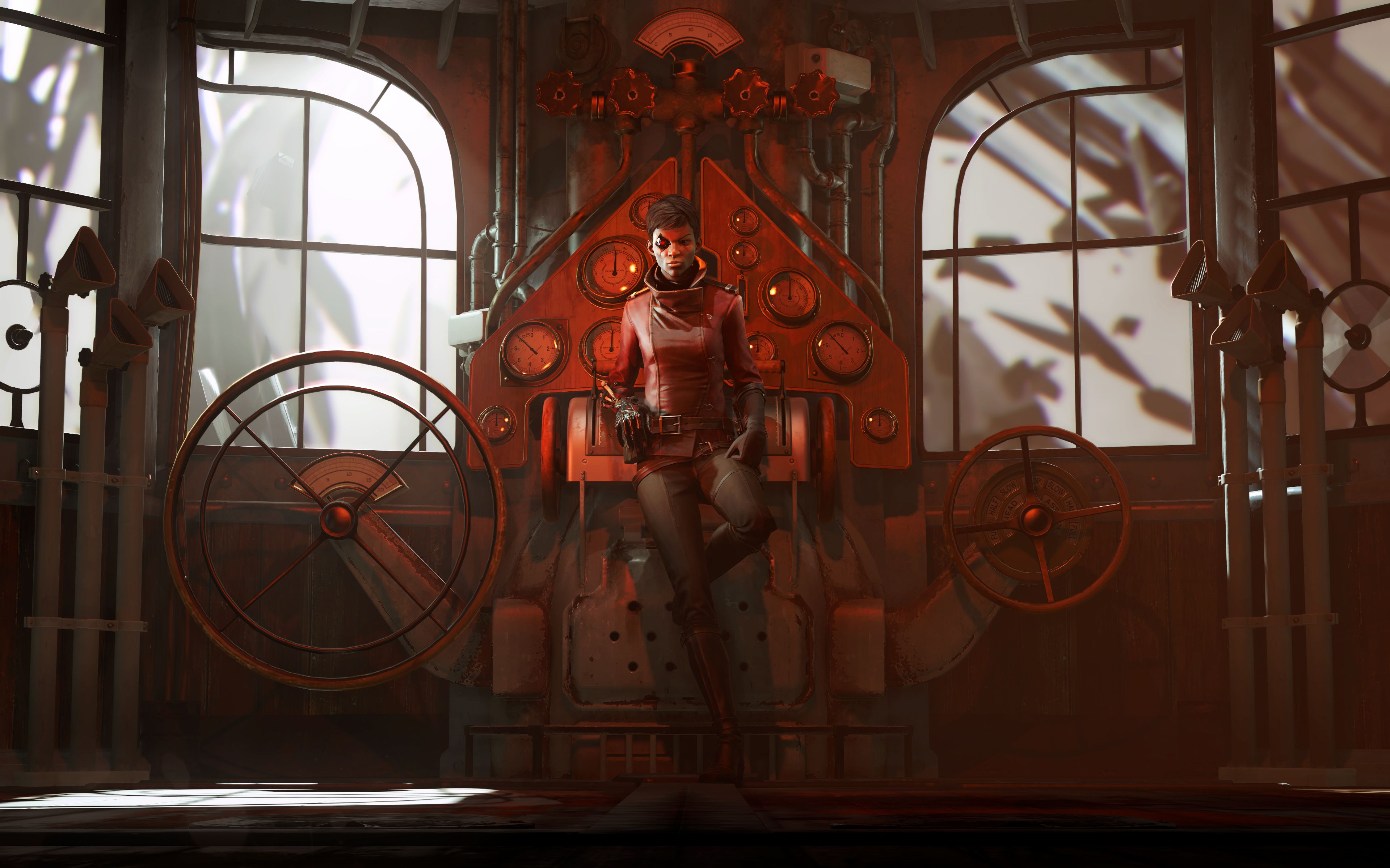 Character from Dishonored game seated in front of controls