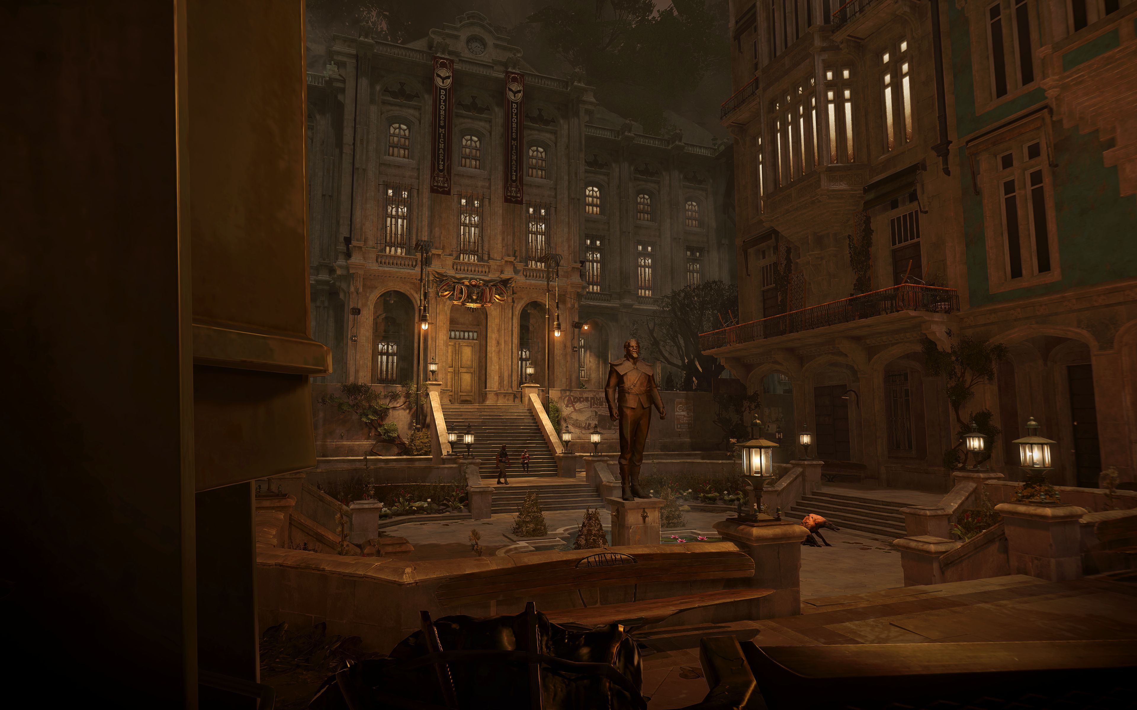 In-game screenshot of Dishonored: Death of the Outsider plaza scene.