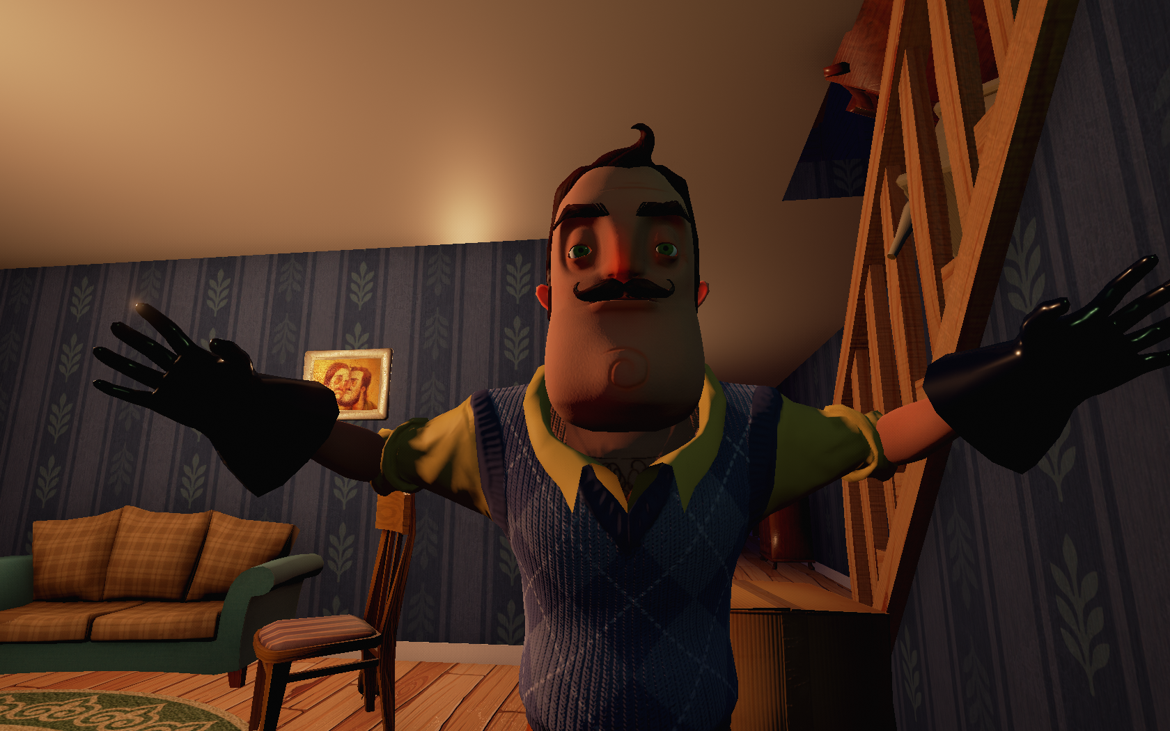 In-game screenshot of Hello Neighbor's creepy interior environment.Hello Neighbor game screenshot featuring the neighbor character in a room.