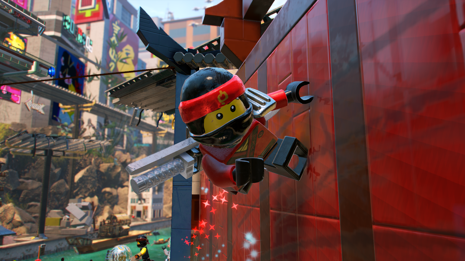 Lego Ninjago character climbing a wall in the videogame.