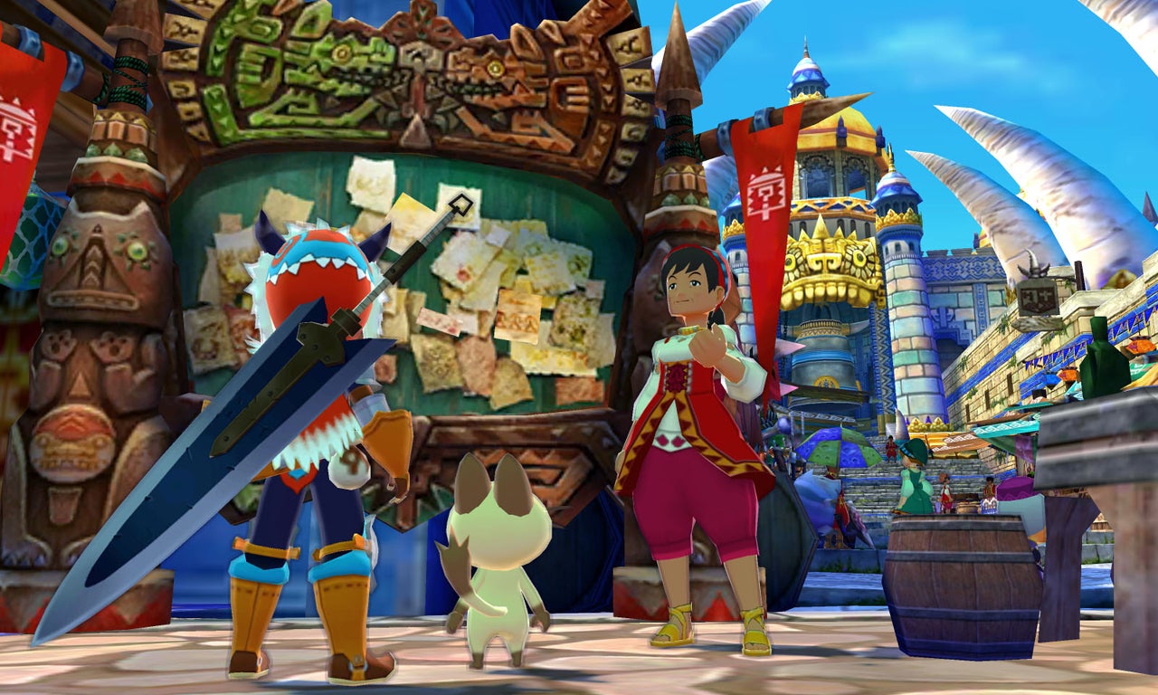 Characters and monster in Monster Hunter Stories village scene.