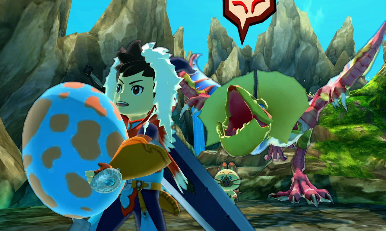 Screenshot of Monster Hunter Stories gameplay with characters and monsters.