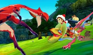 Monster Hunter Stories gameplay with characters and monsters.