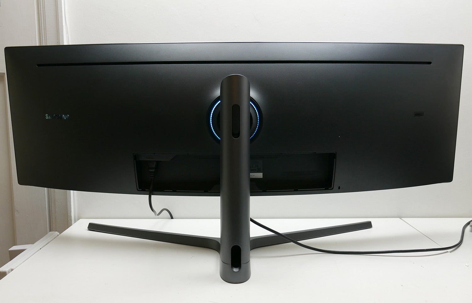 Samsung CHG90 monitor from the back showing stand and ports.