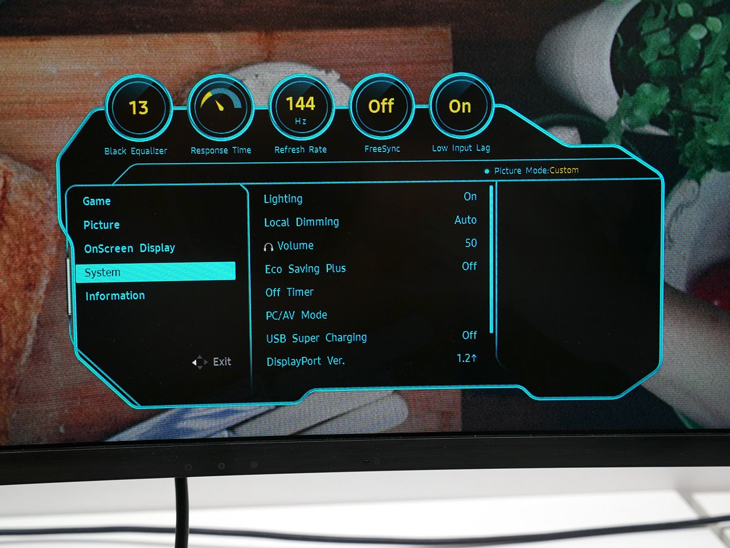 Samsung CHG90 monitor displaying its on-screen menu settings.