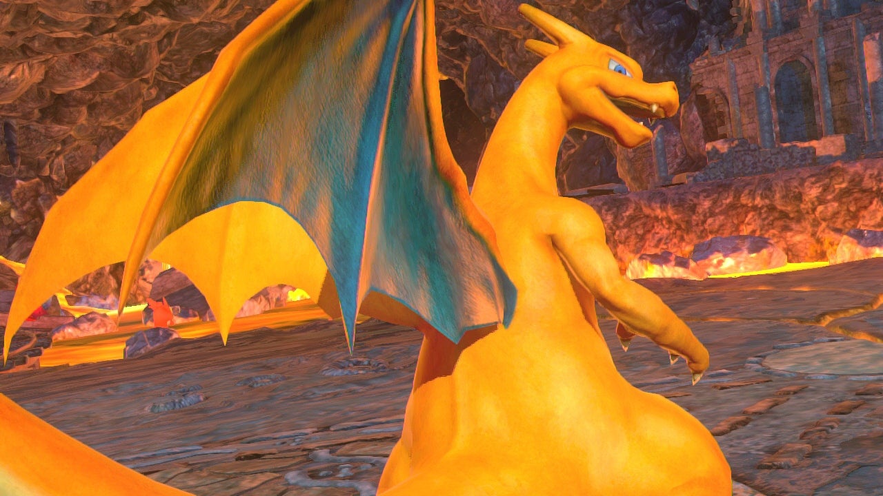 Charizard in a battle arena from Pokkén Tournament DX.
