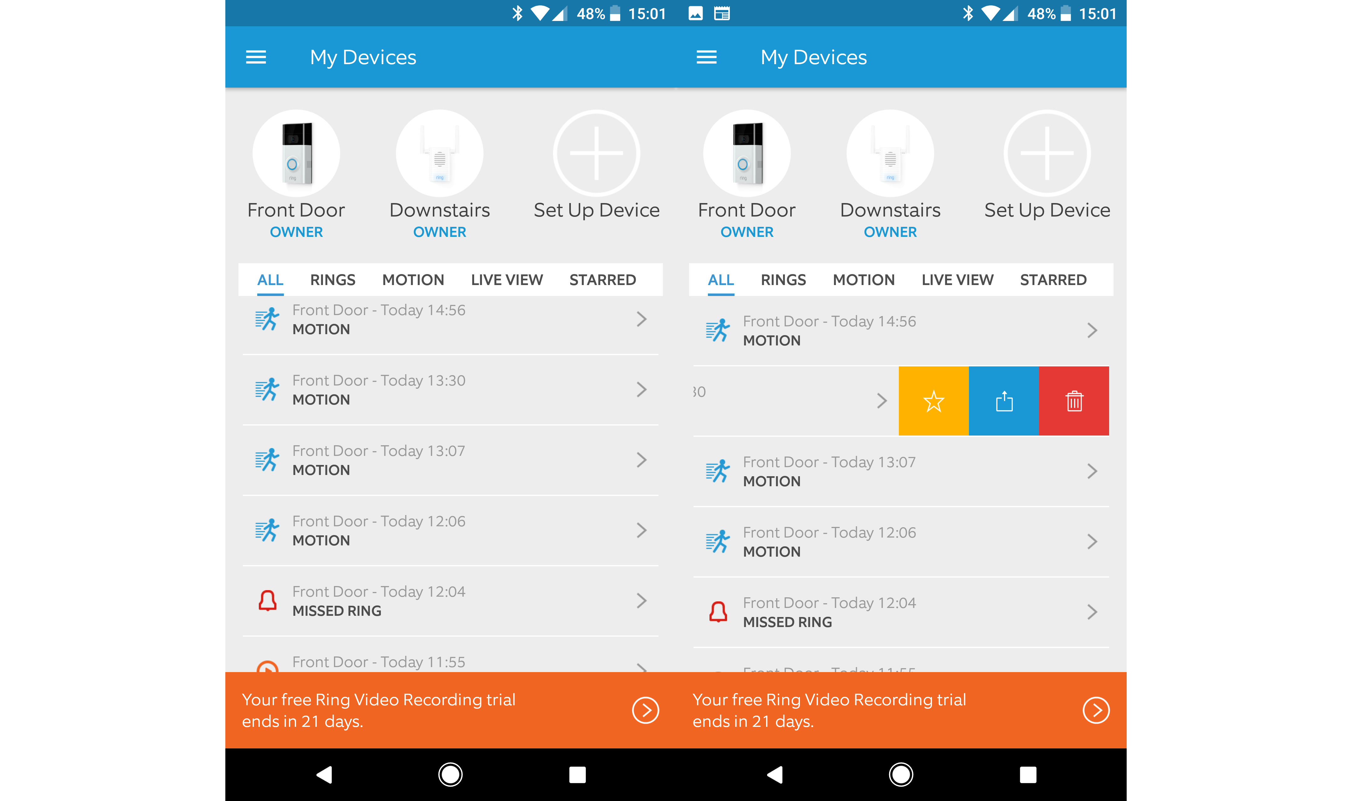 Screenshot of Ring Video Doorbell app interface showing motion alerts.