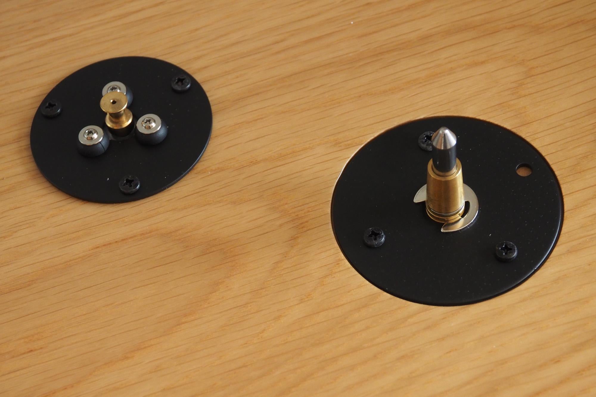 Turntable platter parts on wooden surface.